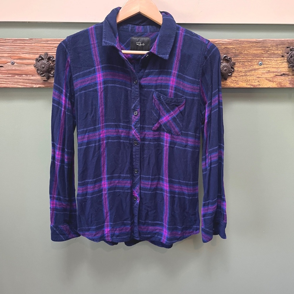 Rails Hunter Plaid Button Down Shirt Navy Ultraviolet Purple Rayon Womens Small